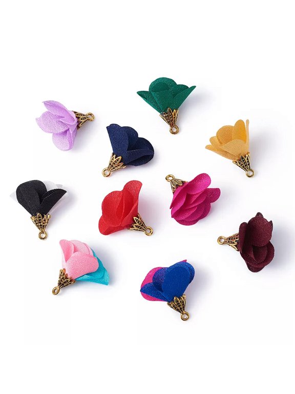 100pcs Cloth Fabric Flower Pendants Mini Dangle Charms DIY Jewelry Craft 25x24mm