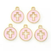 U8MO 100pcs Flat Round with Cross Alloy Enamel Pendants Metal Charms Crafts 15x12mm-Pearl Pink