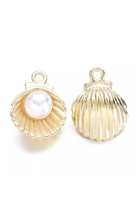 100pcs Gold Tone Alloy Shell Conch Charms with Acrylic Pearl Pendants 15x11.5mm