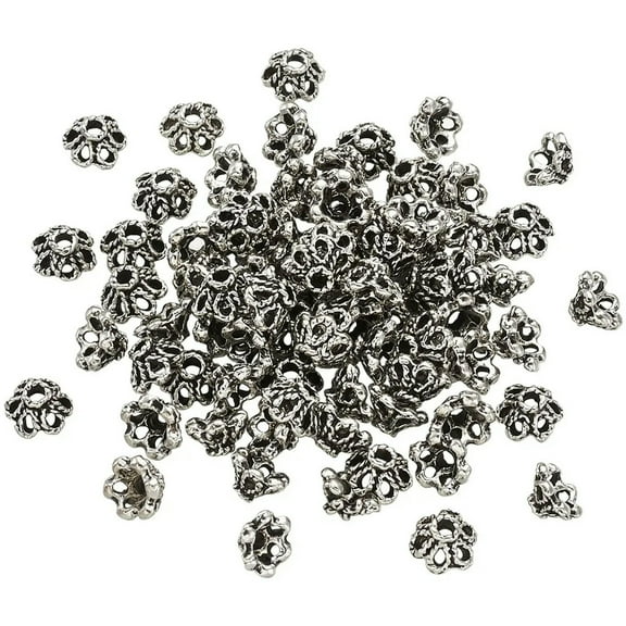 U8MO 100pcs Tibetan Silver Flower 6-Petal Bead Caps Lead Free Cone Spacer Beads 6.5mm