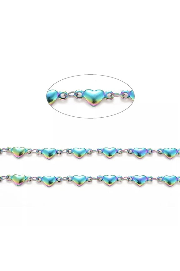 10M Rainbow Color 304 Stainless Steel Unwelded Heart Link Chains 4.5x10x1.5mm