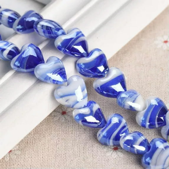 U8MO 10PCS 16mm Heart Shape Handmade Lampwork Glass Loose Beads for Jewelry Making-Deep Blue White