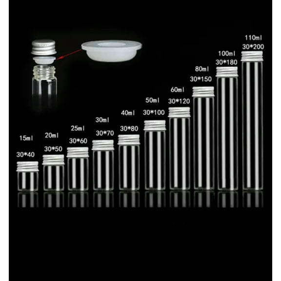U8MO 10pc 15ml~110ml Glass Vial Jars Bottle Crafts With Aluminum Lid Silicone Gasket-30*180mm 100ml-10pcs