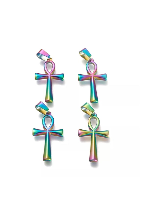 10pc Rainbow 304 Stainless Steel Ankh Cross Pendants Smooth Metal Charms 30x16mm