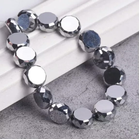 U8MO 10pcs 10mm 12mm Colorful Plated Flat Round Faceted Crystal Glass Loose Beads-Plated Silver-10mm