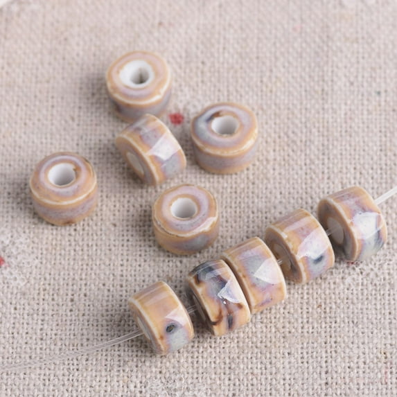 U8MO 10pcs 10mm Flat Cylinder Rondelle Shape Flambed Enamal Ceramic Porcelain Beads-14# Beige