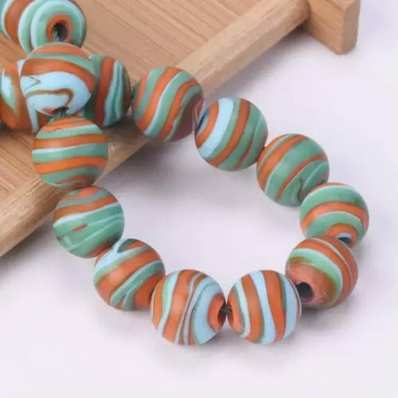 U8MO 10pcs 12mm Round Strips Matte Handmade Opaque Lampwork Glass Loose Beads-Blue Orange