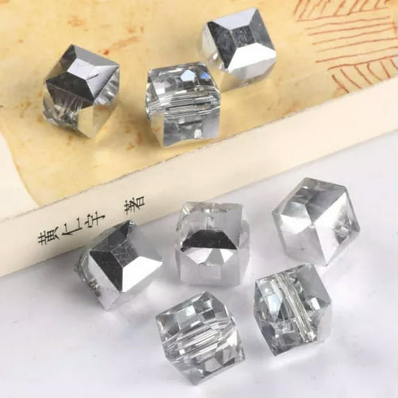 U8MO 10pcs 14mm Cube Faceted Crystal Glass Loose Spacer Beads for Jewelry Making-Half Silver