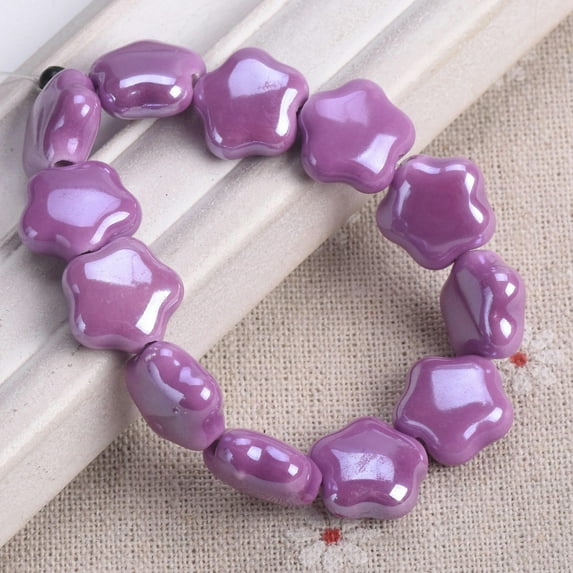 U8MO 10pcs 14mm Flower Star Shape Shiny Glossy Glazed Ceramic Porcelain Loose Beads-Purple