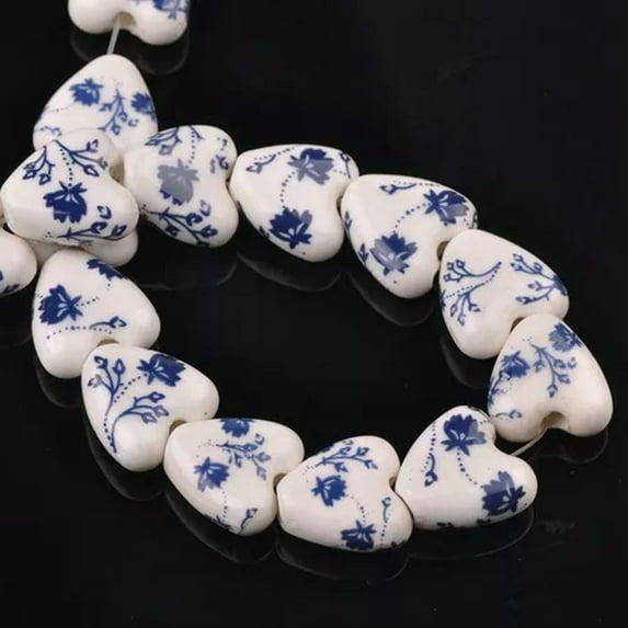 U8MO 10pcs 14mm Heart Shape Porcelain Loose Spacer Ceramic Beads Jewelry Making-16# Deep Blue Flower