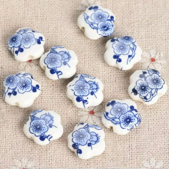 U8MO 10pcs 15mm Flower Shape Floral Patterns Ceramic Porcelain Loose Craft Beads-17# Ink Blue