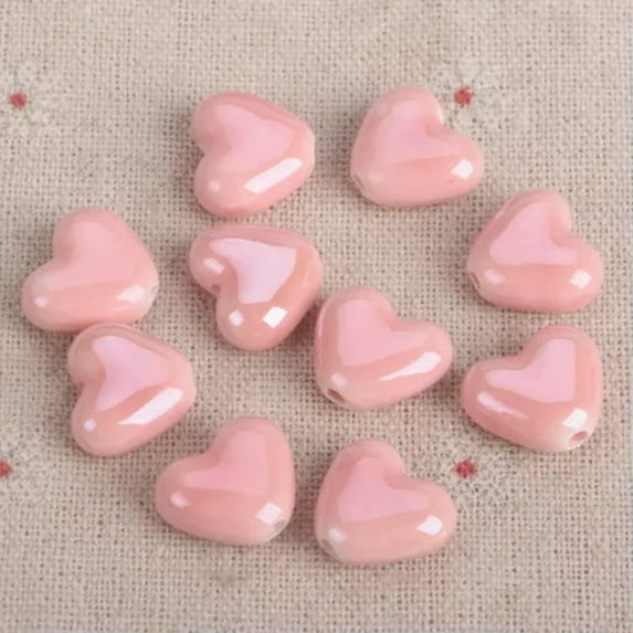 U8MO 10pcs 15mm Heart Handmade Glazed Ceramic Porcelain Loose Beads for DIY Jewelry-Pink