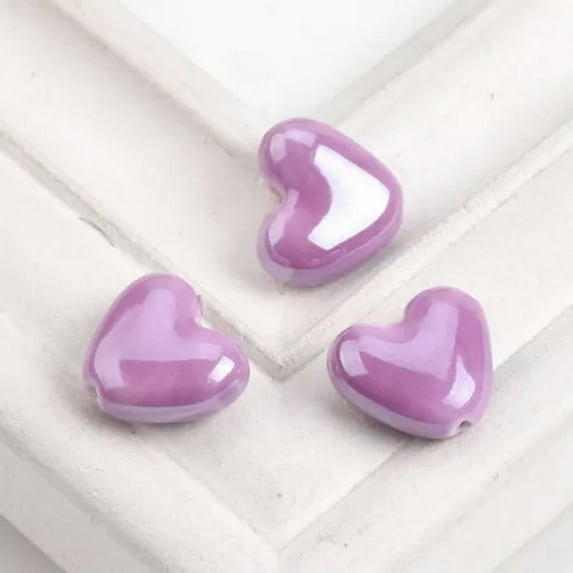 U8MO 10pcs 15mm Heart Handmade Glazed Ceramic Porcelain Loose Beads for DIY Jewelry-Purple