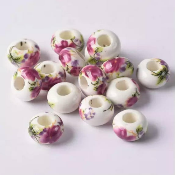 U8MO 10pcs 15x9mm Ceramic Rondelle Big Hole Beads Fit Charms European Bracelet Crafts-27# Purple Red Crushed Peony
