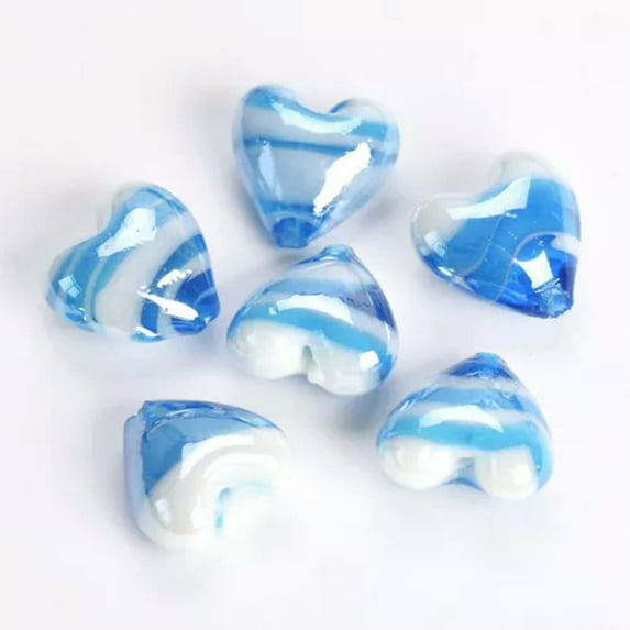 U8MO 10pcs 16x14mm Heart Shape Handmade Lampwork Glass Loose Beads For DIY Jewelry-Lake Blue White