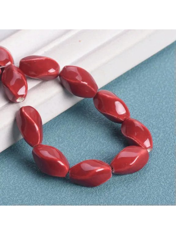 10pcs 16x9mm Helix Oval Shape Handmade Ceramic Porcelain Fambe Blaze Loose Beads-Dark Red