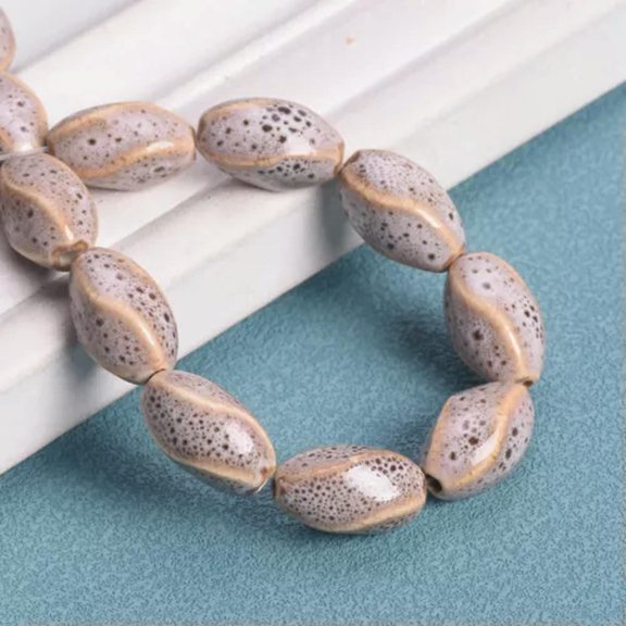 U8MO 10pcs 16x9mm Helix Oval Shape Handmade Ceramic Porcelain Fambe Blaze Loose Beads-Leopard Beige