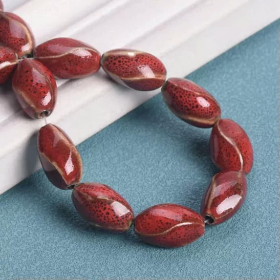 U8MO 10pcs 16x9mm Helix Oval Shape Handmade Ceramic Porcelain Fambe Blaze Loose Beads-Leopard Red