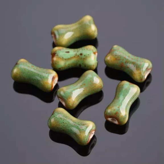 U8MO 10pcs 18x10mm Bone Shape Fancy Glaze Handmade Ceramic Porcelain Loose Beads-Green