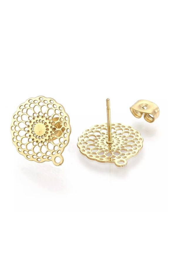 10pcs 304 Stainless Steel Earring Posts Filigree Round Stud Findings Gold 16mm