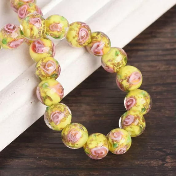 U8MO 10pcs 8mm Round Handmade Flower Foil Lampwork Glass Loose Beads For DIY Jewelry-Yellow