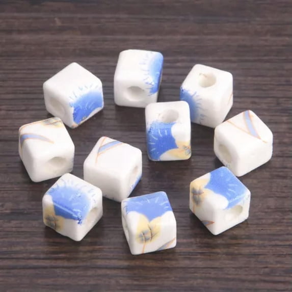 U8MO 10pcs 9.5mm Cube Flower Patterns Ceramic Porcelain Loose Beads For DIY Jewelry-22# Blue