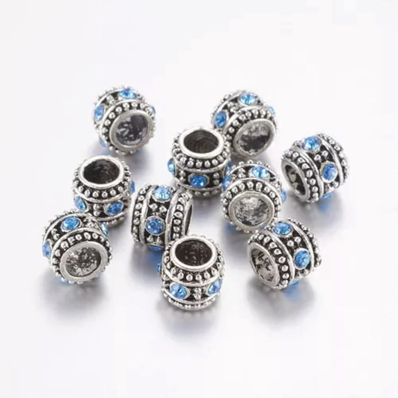 U8MO 10pcs Alloy Rhinestone Column Large Hole Beads Metal Loose Spacer Craft 10x8.5mm-Light Sapphire