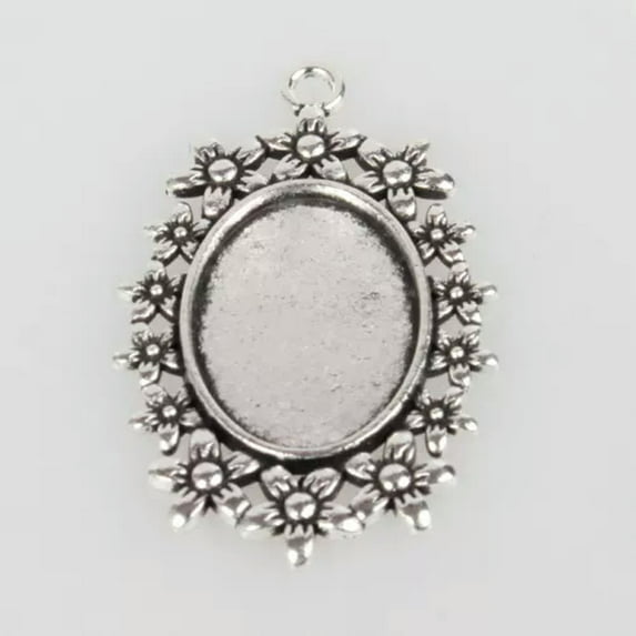 U8MO 10pcs Antique Silver DIY Alloy Oval Tray Pendants Blank Bezel Cabochon Settings-Flower B,18x25mm