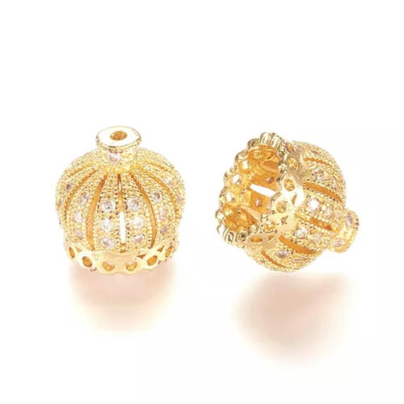 U8MO 10pcs Brass Micro Pave Cubic Zirconia Tassel Cap Bail Beads Crown Hollow 11x11mm-Gold