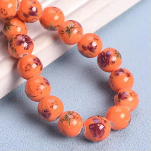 U8MO 10pcs Flower Painting 12mm Round Ceramic Porcelain Loose Beads Jewelry Making-Orange