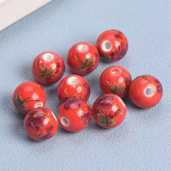 U8MO 10pcs Flower Painting 12mm Round Ceramic Porcelain Loose Beads Jewelry Making-Red