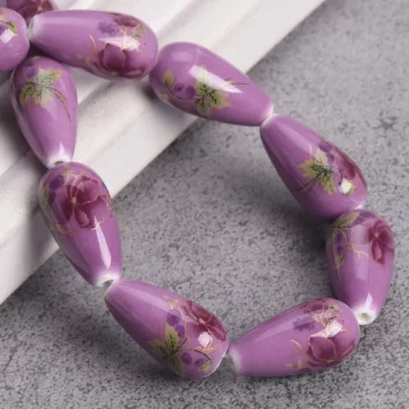 U8MO 10pcs Flower Patterns 10x20mm Teardrop Shape Ceramic Porcelain Loose Beads Lot-Purple