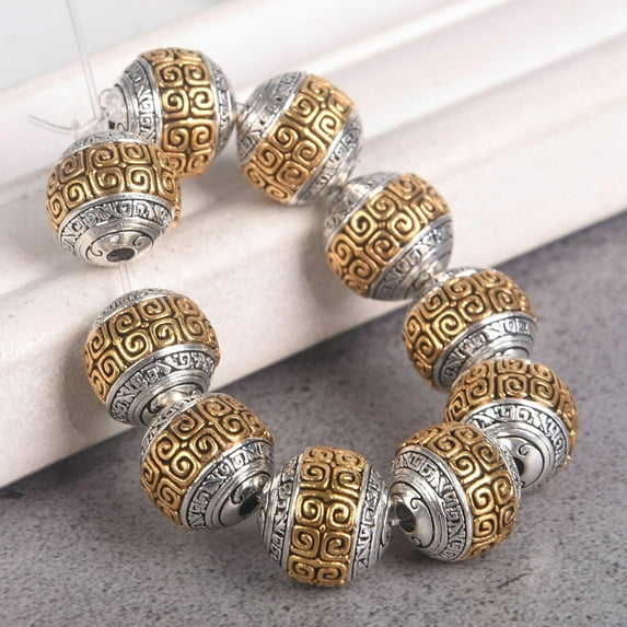 U8MO 10pcs Round 8-12mm Nepalese Buddhist Tibetan Silver/Gold Color Metal Loose Beads-12mm