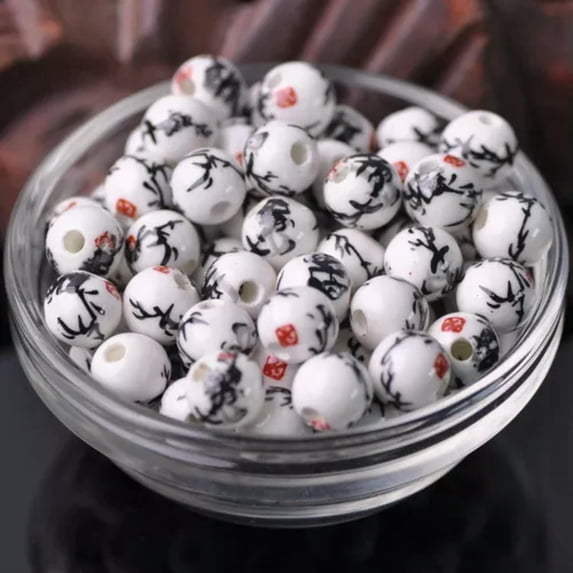 U8MO 10pcs Round 8mm 10mm 12mm Colorful Flower Patterns Loose Ceramic Porcelain Beads-122#-8mm