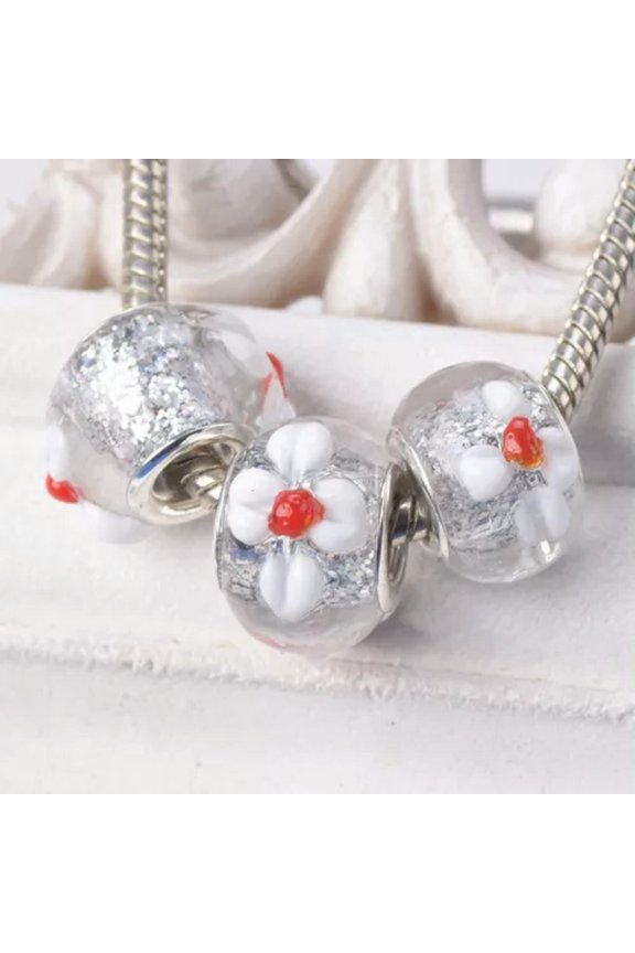 10pcs Round Glittery Lampwork Flower Glass Loose European Charms Big Hole Beads-Silver