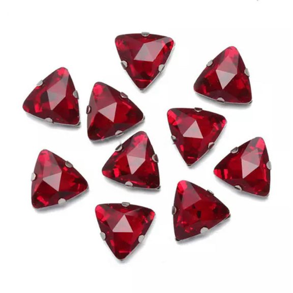 U8MO 10pcs Sew On Triangle Crystal Glass Metal Flat Back Rhinestones Loose Beads-Silver-Red