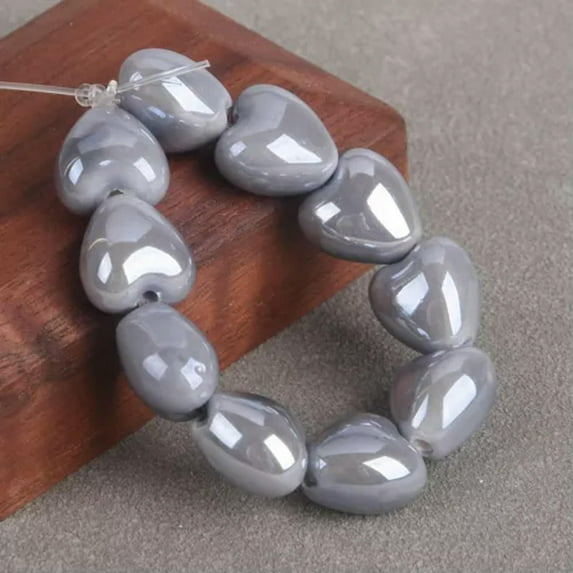 U8MO 10pcs Shiny Glazed Heart 10mm 12mm Ceramic Porcelain Loose Beads For DIY Jewelry-Gray-10mm