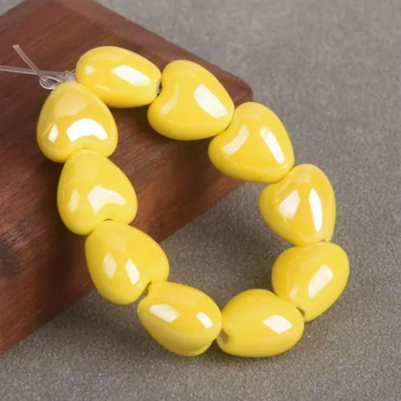 U8MO 10pcs Shiny Glazed Heart 10mm 12mm Ceramic Porcelain Loose Beads For DIY Jewelry-Yellow-10mm