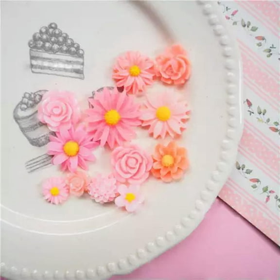 U8MO 11pcs Random Mixed Resin Flower Flatback Appliques Scrapbook Button Phonecover-Pink