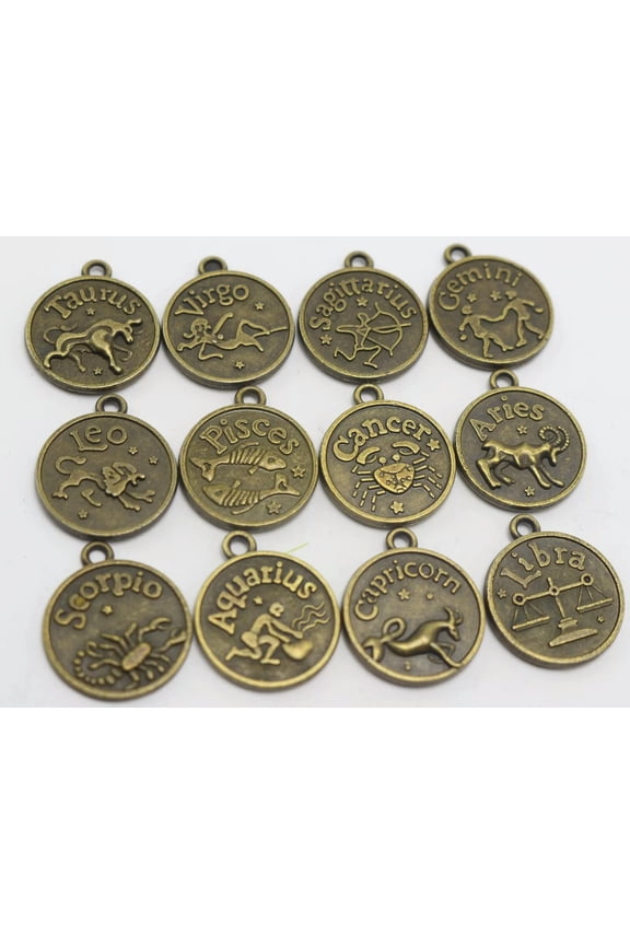 12 Bronze Tone Alloy Zodiac Astrology Horoscopes Charm Pendants 16mm Double side
