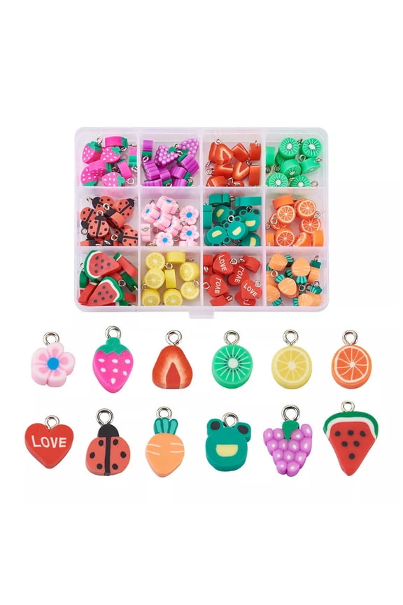 120pc Colorful Fruit Handmade Polymer Clay Charms Flower Dangle Pendants 12~22mm