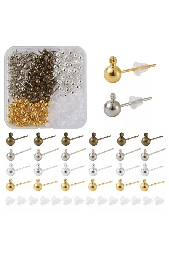 120pcs Brass Ball Post Stud Earring Findings With Loop & Plastic Ear Nuts 16x5mm