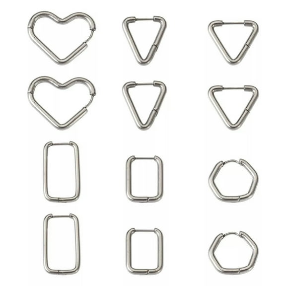 U8MO 12pc Heart Rectangle Triangle 303 Stainless Steel Hoop Earring for Women 17~25mm
