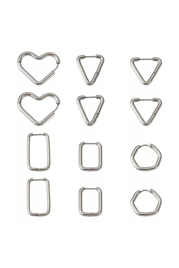 12pc Heart Rectangle Triangle 303 Stainless Steel Hoop Earring for Women 17~25mm