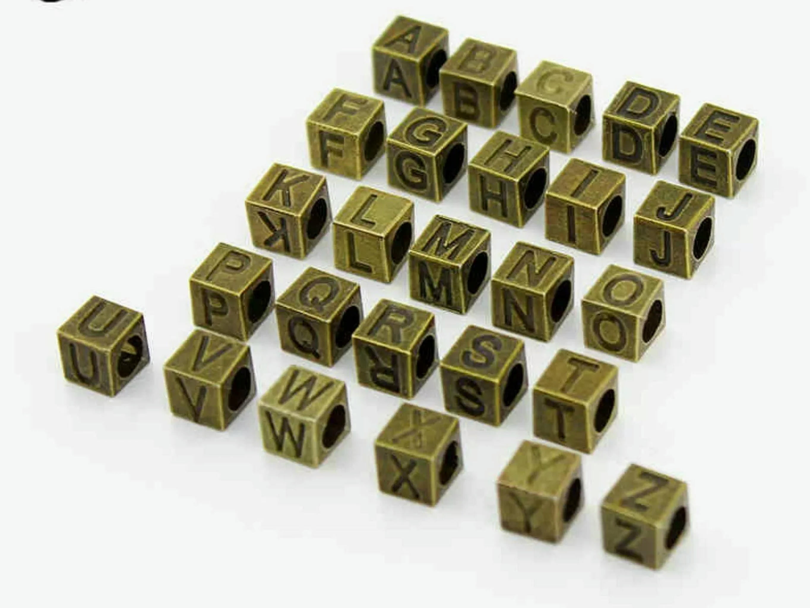 U8MO 130 Bronze Tone Alloy Alphabet Letter "A-Z" Cube European Charm Beads 7X7mm