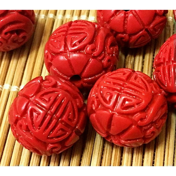 U8MO 14mm Red cinnabar carved pattern Round beads 12pcs