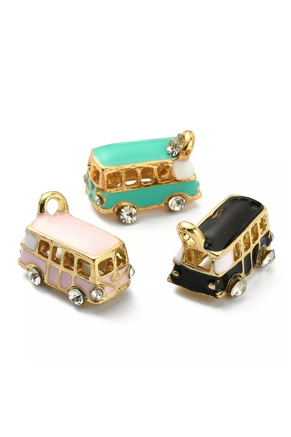 15x Enamel Crystal Rhinestone School Shuttle Bus Charms for Jewelry Making Craft