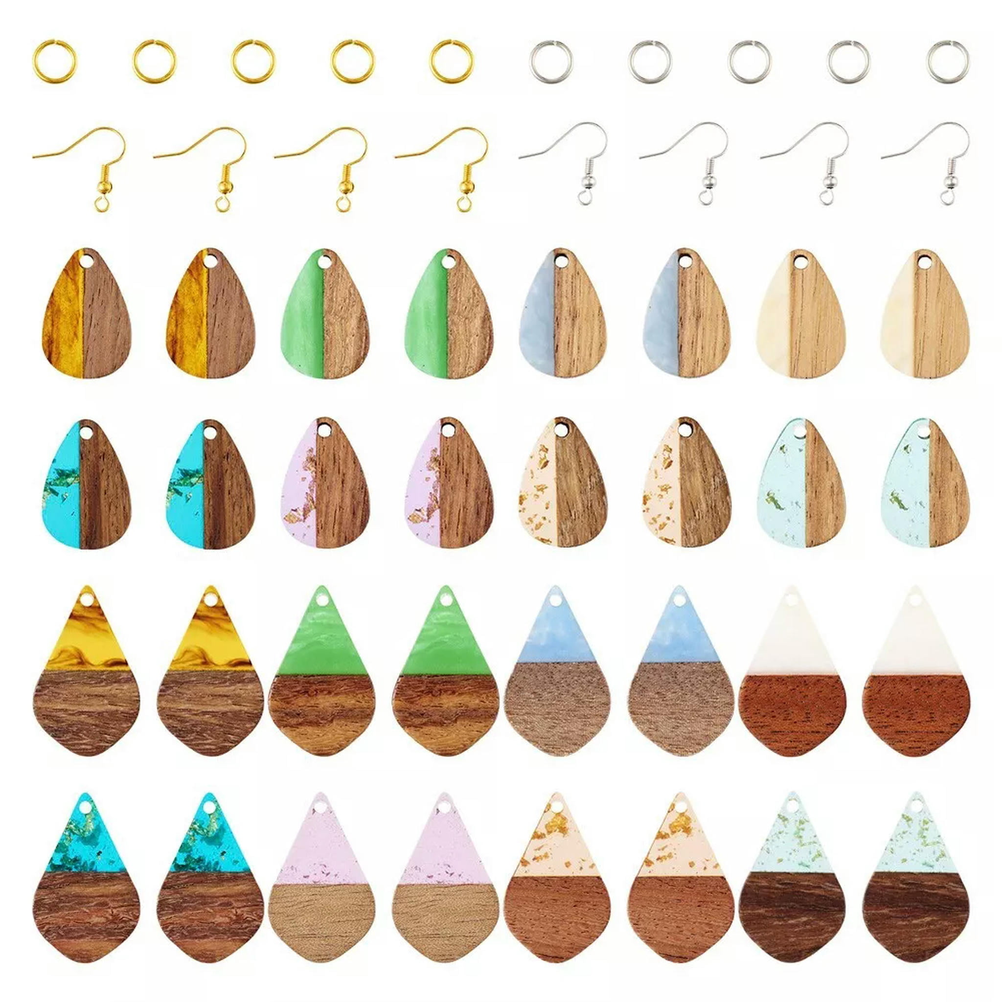 U8MO 16Pairs Resin Walnut Wood Pendants Hooks DIY Teardrop Dangle Earring Making Kits