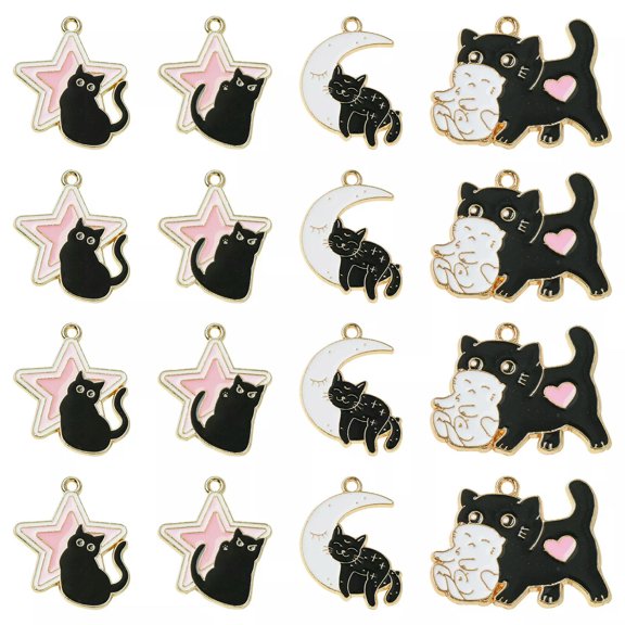 U8MO 16x Enamel Black Cat Kitten Star Moon Celestial Charms Pendants for DIY Jewelry