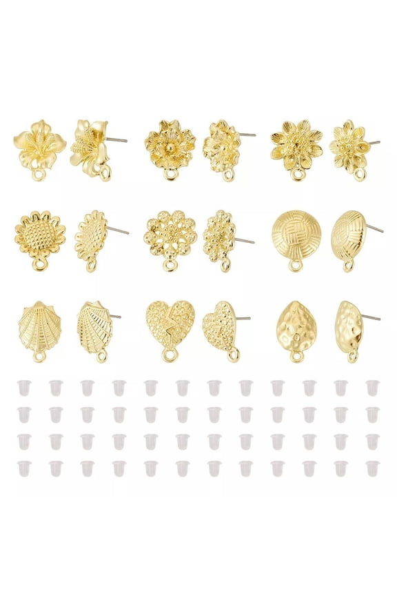 18Pcs 9 Styles Flower Golden Alloy Stud Earring Findings with Loops 15.5~17.5mm